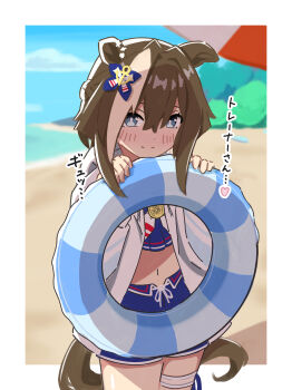1girl absurdres animal_ears beach blue_eyes blurry blurry_background blush breasts brown_hair cheval_grand_(summer_calm_navy_drop)_(umamusume) cheval_grand_(umamusume) commentary_request hair_between_eyes hair_ornament highres holding horse_girl innertube jacket looking_at_viewer medium_breasts navel ocean official_alternate_costume ponsuke2700 shorts smile swim_ring swimsuit translation_request umamusume