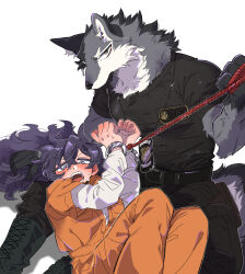 Rule 34 | 1boy, 1girl, animal ears, arms up, black pants, black shirt, blush, body fur, boots, bound, bound wrists, cuffs, dog tags, feet out of frame, furry, furry male, green eyes, grey eyes, grey fur, hand up, handcuffs, highres, holding, holding rope, jumpsuit, long hair, long sleeves, looking at viewer, open mouth, orange jumpsuit, original, pants, police, police uniform, prison clothes, purple hair, rata (norahasu), rope, shirt, short sleeves, simple background, sitting, t-shirt, tail, tied up (nonsexual), uniform, white background, white fur, wolf boy, wolf ears, wolf tail