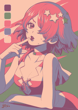 1girl absurdres breasts choker cleavage collarbone color_guide crop_top dr._stone finger_to_mouth finger_to_own_chin green_background hair_ornament hair_over_one_eye highres limited_palette lips lipstick looking_at_viewer luna_wright makeup medium_breasts opabiniachu parted_lips pink_theme short_hair signature sleeveless solo star_(symbol) star_choker star_hair_ornament sweat upper_body