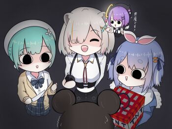 4girls :d ^_^ animal_ears beret black_background black_hat black_skirt blue_hair blue_jacket blue_ribbon blue_skirt bomb bow breasts brown_cardigan cardigan carrot_hair_ornament character_request chibi chibi_inset closed_eyes collared_shirt commentary_request dress dress_shirt explosive fake_animal_ears fang fong_(fongthe0125) food-themed_hair_ornament fur-trimmed_jacket fur_trim green_hair hair_ornament hair_over_one_eye hair_ribbon hairclip hat highres holding holding_knife hololive horned_hat jacket knife medium_breasts minecraft multiple_girls off_shoulder open_cardigan open_clothes open_mouth orange_hair pink_hair plaid_bow plaid_clothes plaid_skirt pleated_skirt rabbit_ears ribbon school_uniform shirt shishiro_botan shishiro_botan_(1st_costume) short_eyebrows simple_background skirt smile sweat thick_eyebrows tnt tnt_block_(minecraft) tokoyami_towa tokoyami_towa_(jirai_kei) translation_request trembling two_side_up uruha_rushia uruha_rushia_(school_uniform) usada_pekora usada_pekora_(casual) virtual_youtuber white_dress white_hat white_shirt x_hair_ornament