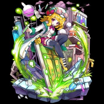 1girl :o alumina_(merc_storia) black_background black_thighhighs blonde_hair blush bottle bow bowtie breaking breasts broken broken_glass coat door full_body glass glass_shards goggles goggles_on_head hat highres large_breasts long_hair long_sleeves merc_storia merc_storia_art_team miniskirt motion_lines official_art open_clothes open_coat open_hand outstretched_arm paper pleated_skirt purple_bow purple_eyes purple_skirt shards shoes sidelocks simple_background sitting skirt smoke solo stone_floor tachi-e test_tube thighhighs v-shaped_eyebrows vest white_coat white_hat white_vest yellow_shoes