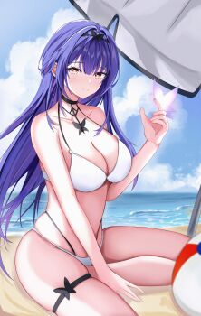 1girl absurdres arm_between_legs arm_support ball bare_shoulders beach beach_umbrella beachball bikini black_choker blue_sky blush breasts bug butterfly butterfly_on_hand choker cleavage cloud collarbone commentary_request day flavia_(strinova) glowing_butterfly hair_between_eyes hair_intakes hand_up highres insect lacia large_breasts long_hair looking_at_viewer multi-strapped_bikini_bottom ocean outdoors parted_lips purple_hair sidelocks sitting sky solo strinova swimsuit symbol-shaped_pupils thigh_strap thighs umbrella very_long_hair white_bikini yellow_eyes