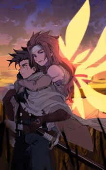 2boys aemono_(lemolemo_lmn) arms_around_neck blood blood_on_clothes blue_eyes brown_eyes brown_hair cape dirty dirty_face gloves glowing glowing_wings hand_on_another&#039;s_hand headband highres hug hug_from_behind lloyd_irving long_hair male_focus multiple_boys open_mouth pants scabbard sheath short_hair sky smile sword tales_of_(series) tales_of_symphonia weapon white_headband wings yaoi zelos_wilder