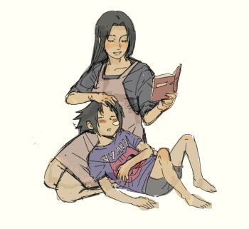 1boy 1girl alternate_costume apron barefoot black_hair blue_shirt book closed_eyes collarbone commentary contemporary english_commentary feet hand_on_another&#039;s_head head_tilt headpat holding holding_book knees_up long_hair lying lying_on_person mapplepng1 mother_and_son motherly naruto_(series) nose_bubble on_back open_book open_mouth parted_lips pink_lips reading shirt short_hair shorts simple_background sleeping sleeves_rolled_up smile snoring spiked_hair teeth thighs uchiha_mikoto uchiha_sasuke yellow_background