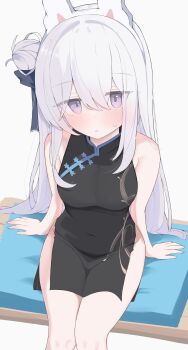 1girl absurdres animal_ears black_dress blue_archive blush breasts china_dress chinese_clothes covered_navel dress fake_animal_ears hair_bun headgear highres large_breasts large_variant_set long_hair looking_at_viewer miyako_(blue_archive) nui_(nuinui0300) open_mouth pee_pad purple_eyes rabbit_ears single_side_bun sitting sleeveless sleeveless_dress solo variant_set white_hair
