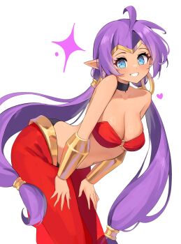 Rule 34 | 1girl, bare shoulders, bent over, blue eyes, blush, commentary, cowboy shot, dark-skinned female, dark skin, english commentary, highres, long hair, low twintails, navel, pants, parted lips, plo1154, pointy ears, purple hair, red pants, red tube top, shantae, shantae (series), simple background, smile, solo, standing, strapless, tube top, twintails, white background