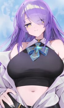 Rule 34 | 1girl, absurdres, black shirt, blue sky, breasts, brooch, eyes visible through hair, gradient eyes, grey eyes, hand on own hip, hashtag-only commentary, highres, hololive, hololive indonesia, jacket, jewelry, large breasts, long hair, looking at viewer, midriff, moona hoshinova, moona hoshinova (1st costume), multicolored eyes, navel, purple eyes, purple hair, shirt, sky, smile, solo, star brooch, starry hair, stomach, virtual youtuber, white jacket, yoellim5