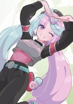 1girl alternate_costume alternate_hairstyle belt belt_pouch black_sleeves blue_belt blue_hair blush bodysuit bodysuit_under_clothes bow-shaped_hair breasts cropped_shirt grey_shirt hat heart_arms iono_(pokemon) long_hair long_sleeves looking_at_viewer medium_breasts mizuiro123 multicolored_hair nintendo one_eye_closed open_mouth pants pantyhose pink_bodysuit pink_hair pokemon pokemon_sv pouch shirt smile solo teeth twintails two-tone_hair