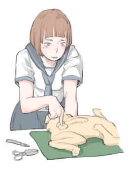 1boy 1girl animal_penis borin dog dog_penis imminent_castration original penis scalpel school_uniform surgical_scissors tagme testicles white_background