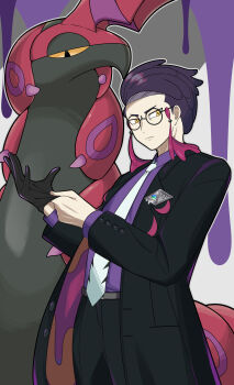 1boy adjusting_clothes adjusting_gloves black-framed_eyewear black_coat black_gloves black_hair black_pants closed_mouth coat collared_shirt commentary_request corbeau_(pokemon) gen_5_pokemon glasses gloves highres male_focus mtd_(matidappp) necktie nintendo open_clothes open_coat pants pokemon pokemon_(creature) pokemon_legends:_z-a purple_shirt round_eyewear scolipede shirt short_hair single_glove white_necktie yellow_eyes