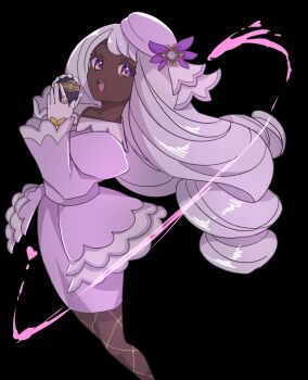 1girl ascot ayaka_488 black_background dark-skinned_female dark_skin dress frilled_ascot frills gloves hair_ornament highres holding holding_poke_ball jacinthe_(pokemon) jewelry juliet_sleeves long_hair long_sleeves looking_at_viewer low_drills luxury_ball mega_stone nintendo open_mouth poke_ball pokemon pokemon_legends:_z-a puffy_sleeves purple_dress purple_eyes purple_hair solo