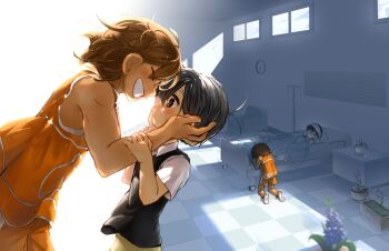 2boys analog_clock antenna_hair artist_name bandaged_head bandages bed black_eyes black_hair black_sweater_vest blanket brown_hair brown_shorts chair clock closed_eyes collared_shirt dark-skinned_male dark_skin eyepatch flower_pot grin hands_on_another&#039;s_face head_on_pillow highres hospital_bed hospital_gown indoors intravenous_drip kel_(faraway)_(omori) kel_(omori) kneeling looking_at_another lying male_focus medical_eyepatch multiple_boys omori on_back orange_shoes orange_shorts pillow plant potted_plant shirt shoes short_hair short_sleeves shorts smile sneakers spoilers sunny_(hospital_gown)_(omori) sunny_(omori) sweater_vest teeth under_covers white_shirt yuzuvee