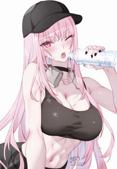1girl absurdres baseball_cap black_choker black_hat black_pants black_sports_bra bottle breasts choker cleavage hat headphones headphones_around_neck highres holding holding_bottle hololive hololive_english kamiya_maneki large_breasts long_hair mori_calliope navel one_eye_closed pants pink_eyes pink_hair simple_background solo sports_bra sweat virtual_youtuber water_bottle white_background