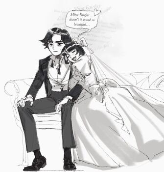 Rule 34 | 1girl, 1other, alternate universe, arm hug, back bow, black hair, black shoes, bow, collared shirt, commentary, couch, deadlock (game), dress, english commentary, english text, formal clothes, full body, greyscale, hair bow, hands on own knees, heart, highres, jacket, mina (deadlock), monochrome, on couch, open clothes, open jacket, other with female, pocket (deadlock), rosewaterjelly, shirt, shoes, short hair, speech bubble, suit, suit jacket, sweatdrop, wedding dress, white background