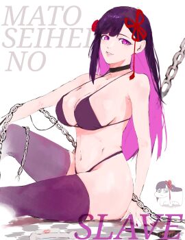 bikini breasts choker cleavage hair_ornament large_breasts long_hair mato_seihei_no_slave navel purple_eyes purple_hair sideboob solo swimsuit thighhighs yamashiro_ren