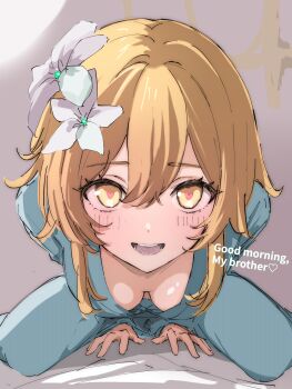 1girl absurdres blonde_hair blue_pajamas breasts breasts_apart brother_and_sister commentary_request derivative_work downblouse english_text extended_downblouse flower genshin_impact good_morning good_morning_my_brother_(meme) hair_between_eyes hair_flower hair_ornament heart heart-shaped_pupils highres incest large_breasts leaning_forward long_sleeves lumine_(genshin_impact) meme pajamas pov scene_reference screenshot_redraw short_hair_with_long_locks siblings straddling symbol-shaped_pupils tokidoki_bosotto_roshia-go_de_dereru_tonari_no_alya-san ukitamilk white_flower yellow_eyes