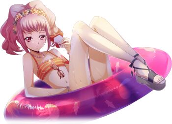 1girl anya_alstreim artist_request bare_shoulders bead_bracelet beads bikini bracelet breasts cellphone closed_mouth code_geass code_geass:_lost_stories collarbone dutch_angle expressionless eyewear_hang feet female_focus flower flower_wreath game_cg glasses grey_sandals half-closed_eyes hand_up head_wreath holding holding_phone innertube jewelry legs legs_together legs_up looking_at_viewer navel non-web_source official_art orange_bikini orange_flower phone pink_hair red-framed_eyewear red_eyes sandals short_hair sidelocks simple_background sitting small_breasts smartphone solo stomach striped_bikini striped_clothes swim_ring swimsuit toes transparent_background unworn_eyewear wet