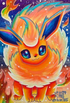Rule 34 | :3, animal focus, blue eyes, closed mouth, enryuu (pixiv3483358), fire, flareon, fluffy, full body, gen 1 pokemon, highres, looking at viewer, neck fur, nintendo, no humans, orange fur, pokemon, pokemon (creature), pokemon focus, smile, tail, yellow fur
