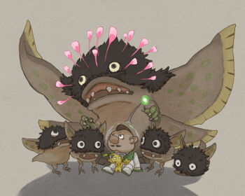 Rule 34 | 1boy, badge, bags under eyes, big nose, black eyes, brown hair, charlie (pikmin), colored skin, commentary request, facial hair, fangs, gloves, green gloves, grey background, hand on ground, hands on own cheeks, hands on own face, helmet, leaf, mohawk, mustache, naru (wish field), nintendo, no mouth, parted lips, phosbat, pikmin (creature), pikmin (series), pointy ears, radio antenna, scared, shadow, short hair, sitting, space helmet, spacesuit, spread wings, star (symbol), vehemoth phosbat, very short hair, whistle, yellow pikmin, yellow skin