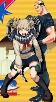 Rule 34 | 1boy, 1girl, black pants, black shirt, black socks, blonde hair, blue skirt, blunt bangs, boku no hero academia, brown shoes, cardigan, closed mouth, crossover, double bun, fatal fury, hair bun, holding, holding knife, knife, looking at viewer, neckerchief, open mouth, pants, pleated skirt, red neckerchief, school uniform, serafuku, shirt, shoes, skirt, smile, snk, socks, teeth, the king of fighters, toga himiko, tongue, trait connection, yamazaki ryuuji, yellow cardigan