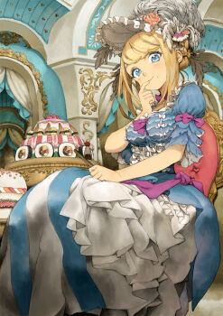 1girl blonde_hair blue_dress blue_eyes bow breasts chloe_lemaire chokozai_shinkan dress dress_bow flower food food_on_face girlfriend_(kari) hand_up hat hat_flower indoors long_hair sitting small_breasts smile solo