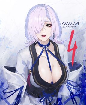 1girl absurdres breasts cleavage copyright_name earrings eyeshadow hair_over_one_eye highres hoop_earrings japanese_clothes jewelry kai1up kimono long_bangs looking_at_viewer makeup ninja_gaiden red_eyeshadow red_lips seori_(ninja_gaiden) short_hair smile solo upper_body white_kimono