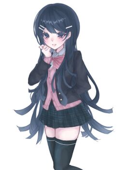 Rule 34 | 1girl, :d, alternate costume, black jacket, black skirt, black thighhighs, bow, bowtie, collared shirt, danganronpa: trigger happy havoc, danganronpa (series), grey shirt, hair ornament, hairclip, highres, jacket, long hair, maizono sayaka, miniskirt, open clothes, open jacket, open mouth, pink bow, pink bowtie, plaid clothes, plaid skirt, shirt, simple background, skirt, smile, solo, thighhighs, white background, xiang gong, zettai ryouiki