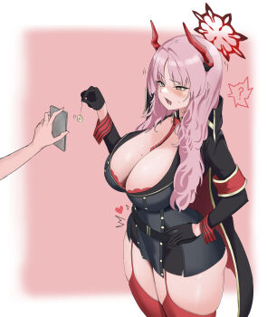 1girl absurdres armband between_breasts black_dress black_gloves blue_archive bra breasts cellphone cleavage coin coin_on_string commentary_request demon_horns dress gloves halo heart highres holding holding_pendulum holed_coin horns huge_breasts hypnosis hypnotizing_viewer long_hair mind_control mole mole_on_breast multicolored_horns necktie necktie_between_breasts open_mouth pang_(daty8882) pendulum phone pink_hair red_armband red_bra red_garter_straps red_necktie red_thighhighs red_wrist_cuffs satsuki_(blue_archive) smartphone solo_focus standing thighhighs two-tone_horns underwear wrist_cuffs