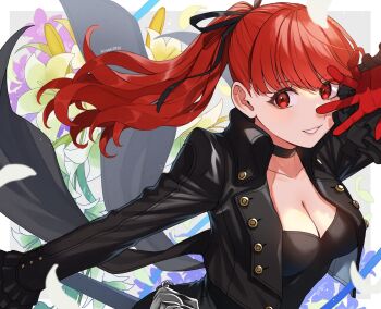 1girl black_choker black_jacket black_leotard black_ribbon breasts choker cleavage collarbone commentary_request floating_hair frilled_sleeves frills gloves grin hair_ribbon jacket kinagi_(3307377) leotard long_hair long_sleeves looking_at_viewer medium_breasts persona persona_5 persona_5_the_royal ponytail red_eyes red_gloves red_hair ribbon smile solo yoshizawa_kasumi