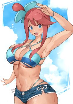 1girl :d absurdres alternate_costume aqua_bikini bikini blue_eyes blush breasts cleavage cloud dark-skinned_female dark_skin female_focus hair_ornament highleg highleg_bikini highres large_breasts looking_at_viewer micro_shorts navel nintendo open_mouth pokemon pokemon_bw propeller_hair_ornament red_hair short_hair_with_long_locks shorts side-tie_shorts sky skyla_(pokemon) smile solo standing sweat swimsuit teeth topknot upper_teeth_only yotsuha_uni