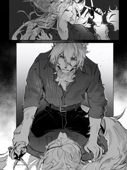 2boys animal_ears collar furry furry_male greyscale hashtag-only_commentary highres holding holding_another&#039;s_wrist holding_scissors hugo_vlad looking_at_another lying male_focus monochrome multiple_boys on_back rui717_z scissors spiked_collar spikes tail von_lycaon wolf_boy wolf_ears wolf_tail zenless_zone_zero