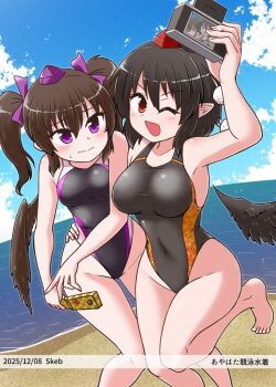 :d barefoot beach black_hair black_one-piece_swimsuit black_wings brown_hair brown_wings camera cellphone cloud cloudy_sky commentary_request competition_swimsuit dress feathered_wings flip_phone hair_ribbon hat highleg highleg_one-piece_swimsuit himekaidou_hatate holding holding_camera holding_phone kousei_(public_planet) ocean one-piece_swimsuit open_mouth outdoors phone pointy_ears pom_pom_(clothes) purple_eyes purple_hat purple_ribbon red_eyes red_hat ribbon sand selfie shameimaru_aya sky smile sweatdrop swimsuit tokin_hat touhou twintails wavy_mouth wings