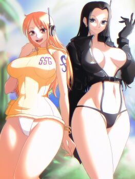 2girls absurdres arm_tattoo bangle bare_legs bare_shoulders black_gloves black_hair black_jacket black_panties blue_eyes blue_tattoo blurry blurry_background bracelet breasts breasts_apart cleavage closed_mouth commentary cropped_jacket earrings gloves headphones highres jacket jewelry large_breasts leather leather_jacket leotard long_hair multiple_girls nami_(one_piece) nami_(one_piece)_(egghead) navel nico_robin nico_robin_(egghead) official_alternate_costume one_piece opalis open_mouth orange_eyes orange_hair outdoors panties radio_antenna smile tattoo teeth underwear upper_teeth_only white_panties yellow_leotard