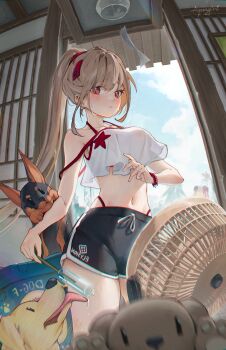 Rule 34 | 1girl, absurdres, alternate hairstyle, aquagirl, bare shoulders, bikini, bikini bottom under shorts, bikini under clothes, black shorts, breasts, brown hair, commentary, cropped shirt, dog, dolphin shorts, english commentary, food, goddess of victory: nikke, highres, holding, holding food, holding popsicle, indoors, large breasts, midriff, navel, ponytail, popsicle, rapi (nikke), red eyes, shirt, shorts, signature, sleeveless, solo, stomach, swimsuit, white shirt, wind chime