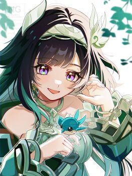 1girl absurdres aqua_dress aqua_sleeves bare_shoulders bird bird_hair_ornament black_hair breasts commentary_request detached_sleeves dress fingernails genshin_impact gradient_hair hair_ornament hairband hand_up highres jewelry lan_yan_(genshin_impact) leaf medium_breasts multicolored_hair open_mouth origami partial_commentary popopo_84 purple_eyes silver_hairband simple_background smile solo watermark white_background