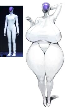 1girl android bodysuit breasts curvy faceless faceless_female highres huge_breasts humanoid_robot jianpan_xiafang_de_da_kongge leotard photo-referenced real_life robot simple_background white_background white_bodysuit white_leotard wide_hips