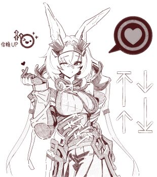 Rule 34 | 1girl, absurdres, animal ears, arknights, arknights: endfield, arrow (symbol), avywenna (arknights), chinese commentary, commentary request, double finger heart, finger heart, greyscale, hair between eyes, highres, looking at viewer, medium hair, monochrome, one eye closed, rabbit ears, rabbit girl, sketch, white background, zhenjie20
