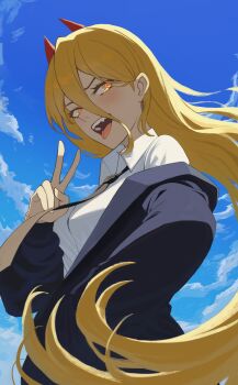 1girl absurdres black_necktie blonde_hair blue_jacket blue_sky blush breasts chainsaw_man cloud collared_shirt commentary cross-shaped_pupils day demon_girl demon_horns double-parted_bangs english_commentary fang from_side hair_between_eyes hand_up highres horns jacket jacket_partially_removed long_hair long_hair_between_eyes long_sleeves looking_at_viewer medium_breasts necktie open_mouth oro_(lsg0624) outdoors power_(chainsaw_man) red_horns shirt sky solo symbol-shaped_pupils tongue tongue_out upper_body v white_shirt yellow_eyes