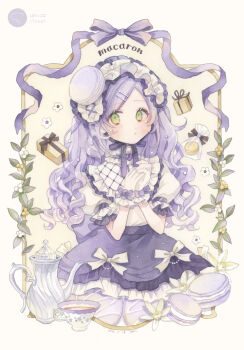 1girl absurdres bag black_bow black_ribbon bow box brooch chin_strap closed_mouth collared_shirt commentary cup dated flower food frilled_hairband frilled_shirt_collar frills gift gift_box gloves green_eyes hair_ornament hairband hairclip hands_up hat heart heart_brooch high-waist_skirt highres jewelry lolita_fashion lolita_hairband long_hair looking_to_the_side macaron macaron_hat mini_hat original own_hands_together painting_(medium) parallel_hairclips parted_bangs petticoat plastic_bag puffy_short_sleeves puffy_sleeves purple_bow purple_hair purple_ribbon purple_skirt ribbon shirt short_sleeves signature skirt solo tea teacup teapot traditional_media uni_(setsuna_gumi39) watercolor_(medium) wavy_hair white_bow white_gloves white_hairband white_shirt