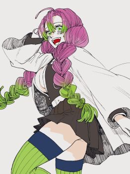 1girl arms_behind_head ass belt black_skirt blush braid breasts cleavage_cutout clothing_cutout demon_slayer_uniform green_eyes green_hair green_thighhighs haori highres japanese_clothes kanroji_mitsuri kimetsu_no_yaiba large_breasts long_hair long_sleeves looking_at_viewer mika_yamamori multicolored_hair pink_hair signature simple_background skirt smile solo thighhighs twin_braids two-tone_hair white_background white_haori