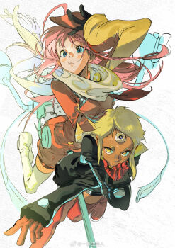 Rule 34 | 2girls, atie1225, black jumpsuit, blonde hair, blue eyes, boots, commentary, dark-skinned female, dark skin, facial mark, forehead mark, highres, jumpsuit, lal'c mellk mal, long hair, looking at viewer, multiple girls, nono (top wo nerae 2!), pink hair, red footwear, red jumpsuit, sidelocks, symbol-only commentary, thigh boots, top wo nerae! (series), top wo nerae 2!, watermark, weibo watermark, white footwear, yellow eyes