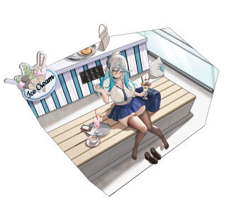 Rule 34 | 1girl, absurdres, aqua hair, aqua nails, arm up, belt collar, bikini, black bikini, black collar, black shoes, blue bag, blue necktie, blue skirt, breasts, brown thighhighs, character request, check copyright, chinese commentary, cleavage, collar, collarbone, collared shirt, commentary request, copyright request, fingernails, food, from above, full body, hair between eyes, highres, holding, holding food, holding ice cream, holding spoon, huge breasts, ice cream, legs, liutiao, loafers, long hair, looking at viewer, midriff, miniskirt, monocle, multicolored hair, multicolored necktie, nail polish, navel, necktie, no shoes, original, see-through clothes, see-through shirt, shirt, shoes, short sleeves, sitting, skirt, spoon, striped clothes, striped necktie, striped skirt, swimsuit, thighhighs, thighs, two-tone hair, two-tone necktie, unworn shoes, vertical-striped clothes, vertical-striped skirt, warship girls r, white collar, white hair, white necktie, white shirt, wide hips, yellow eyes, zettai ryouiki