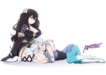 Rule 34 | 2girls, :3, arm warmers, artist name, ass, bare shoulders, bishoujo senshi sailor moon, bishoujo senshi sailor moon s, black dress, black eyes, black hair, blue choker, blue eyes, blue nails, blue pantyhose, blush, body blush, boots, breasts, choker, cleavage, collarbone, crossover, dress, flower, flower choker, flower on chest, frilled dress, frills, fubuki (senran kagura), hair between eyes, hair flower, hair ornament, hand on another's head, high heel boots, high heels, highres, holding another's hair, knee blush, kometoze, lap pillow, large breasts, long hair, multiple girls, nose blush, pale skin, pantyhose, senran kagura, senran kagura new link, shoulder blades, side slit, smile, socks, star (symbol), star choker, viluy (sailor moon), wavy hair, white boots, white flower, white hair, white lily, white socks, witches 5, yuri