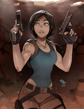1girl arms_up braid braided_ponytail breasts brown_hair curvy green_one-piece_swimsuit gun handgun holding holding_weapon injury lara_croft lips long_hair looking_to_the_side messy_hair mike_nesbitt navel one-piece_swimsuit parted_lips shiny_skin shirt short_shorts shorts simple_background standing sweat swimsuit swimsuit_under_clothes thighs tomb_raider very_long_hair weapon wet wide_hips