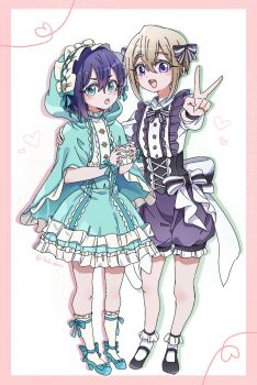 2girls :d :o artist_name bare_legs black_hair black_shoes blonde_hair blue_shoes bobby_socks border capelet center_frills commentary dalidari27 dress frilled_hairband frills full_body green_eyes hair_between_eyes hairband haraga_kurumi heart heart_of_string highres hood hooded_capelet kimi_no_koto_ga_dai_dai_dai_dai_daisuki_na_100-nin_no_kanojo looking_at_viewer mary_janes multiple_girls open_mouth pink_border puffy_shorts purple_eyes shoes short_hair shorts simple_background smile socks standing sutou_iku twitter_username v white_background white_socks