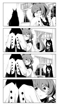 3girls 4koma agnes_tachyon_(umamusume) comic covering_another&#039;s_eyes guess_who horse_girl lab_coat manhattan_cafe_(umamusume) monochrome multiple_girls sleeves_past_fingers sleeves_past_wrists smirk sunday_silence_(racehorse) tori_(hiyoko_bazooka) umamusume