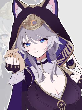 1girl animal_ears animal_hood bag black_gloves black_hood black_leotard blue_eyes breasts cat_ears cat_girl cat_hood cipher_(honkai:_star_rail) cleavage commentary_request fingerless_gloves gloves grey_hair highres holding holding_bag honkai:_star_rail honkai_(series) hood large_breasts leotard nemui_02190 short_hair_with_long_locks simple_background solo v yellow_nails zoom_layer