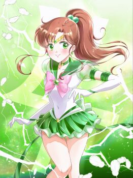 Rule 34 | 1girl, bishoujo senshi sailor moon, bishoujo senshi sailor moon stars, bow, breasts, brooch, brown hair, choker, commentary request, cowboy shot, elbow gloves, electricity, feathers, gloves, green background, green eyes, green sailor collar, green skirt, hair ornament, highres, jewelry, kino makoto, long hair, magical girl, pink bow, ponytail, sailor collar, sailor jupiter, sailor senshi, sailor senshi uniform, see-through clothes, see-through sleeves, shiiba itsuki, skirt, solo, star (symbol), star brooch, star choker, super sailor jupiter (stars), thunder, white gloves