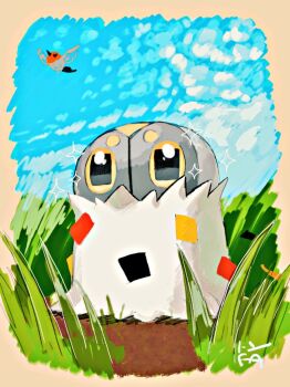 blue_sky commentary_request fletchling full_body gen_6_pokemon grass nintendo no_humans outdoors pokemon pokemon_(creature) pokemon_focus rectangular_pupils sky solo_focus spewpa tepetom_(77hhaarruu)