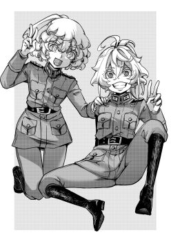 2girls boots breasts commentary_request dual_persona fluffy_hair greyscale grin hal_(goshujinomocha) hand_on_another's_shoulder highres jacket medium_hair messy_hair military_jacket military_uniform monochrome multiple_girls open_mouth pants ringed_eyes short_hair shoulder_boards small_breasts smile spread_legs tanya_degurechaff tanya_degurechaff_(anime) tanya_degurechaff_(manga) tongue v youjo_senki